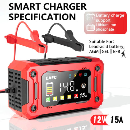 Newest 12V Car Battery Charger 15A/8A Pulse Repair Large Display Smart Charger for Car Motorcycle Lead Acid AGM GEL Batteries