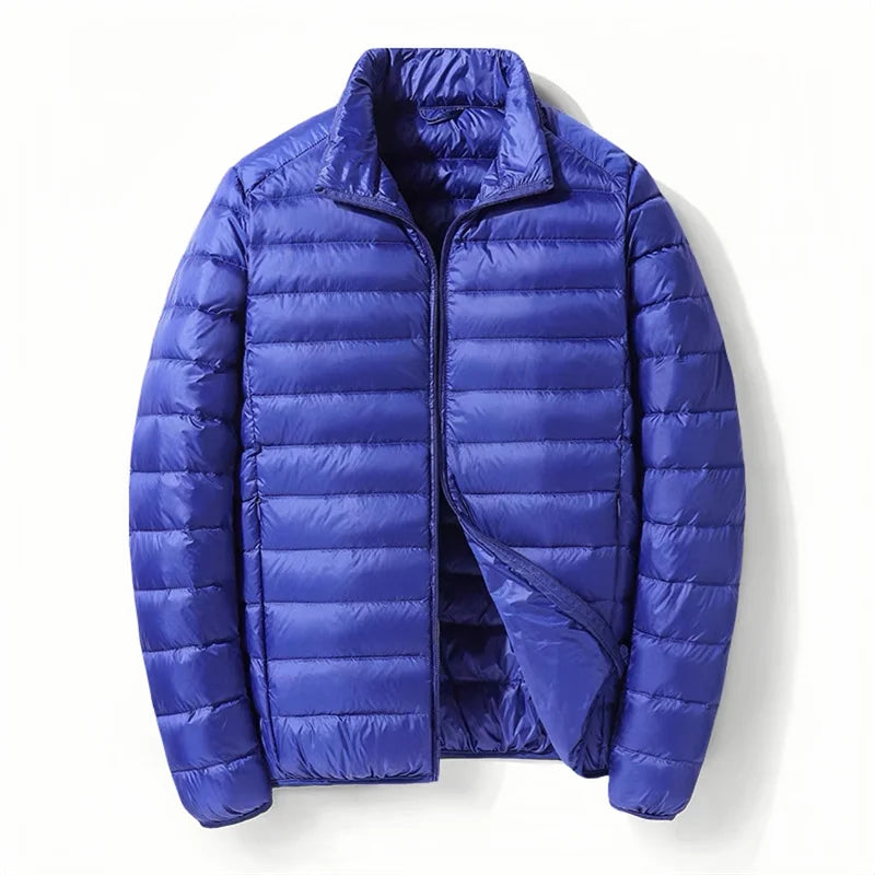 Men White Duck Down Jacket Warm Hooded Ultra Lightweight Packable Coat Winter Water and Wind-Resistant Breathable Down Jacket