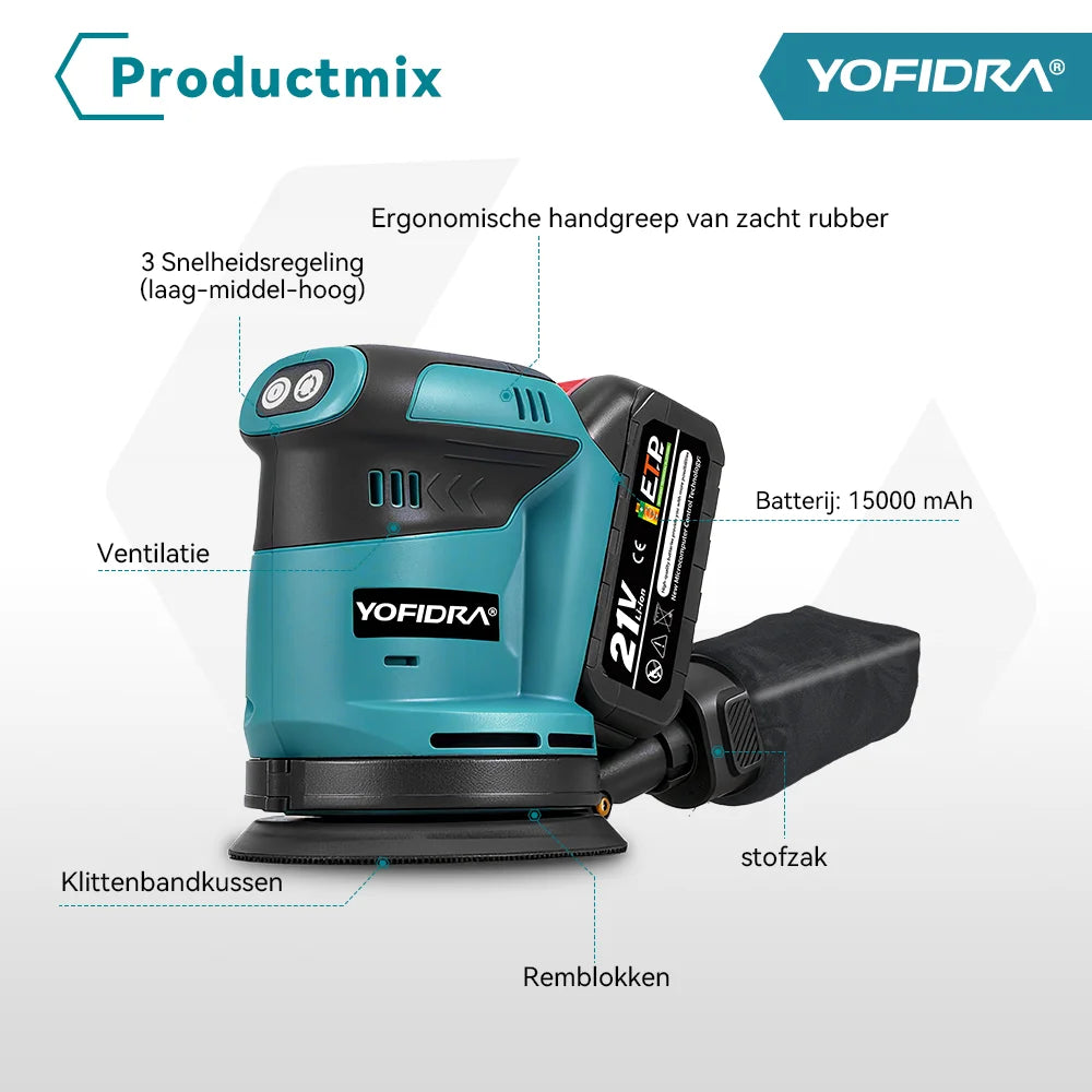 YOFIDRA Electric Orbital Sander 125MM Cordless Grinding Sanding Polishing Machine Woodworking Power Tool For Makita Battery Pin