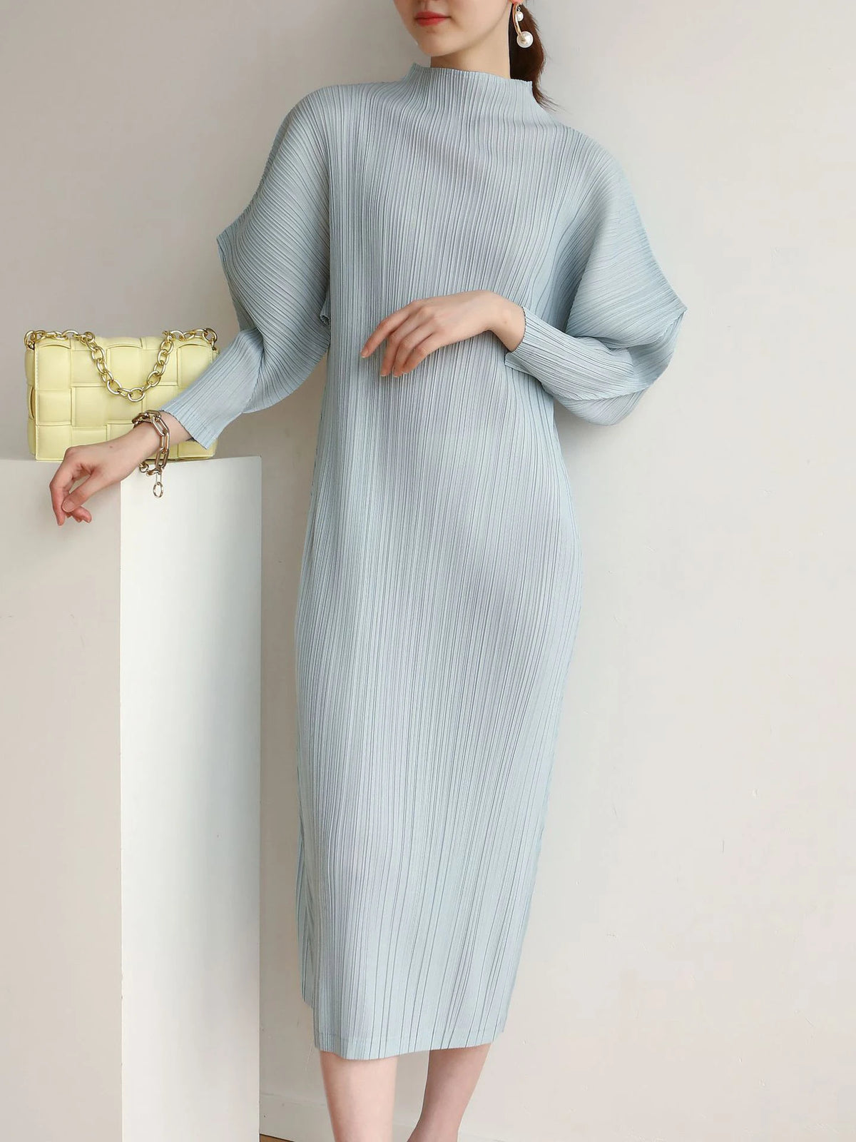 Miyake Pleats Batwing Sleeve Pleated Long Dress Korean High Fashion Causal Elegant Women Designer Clothing