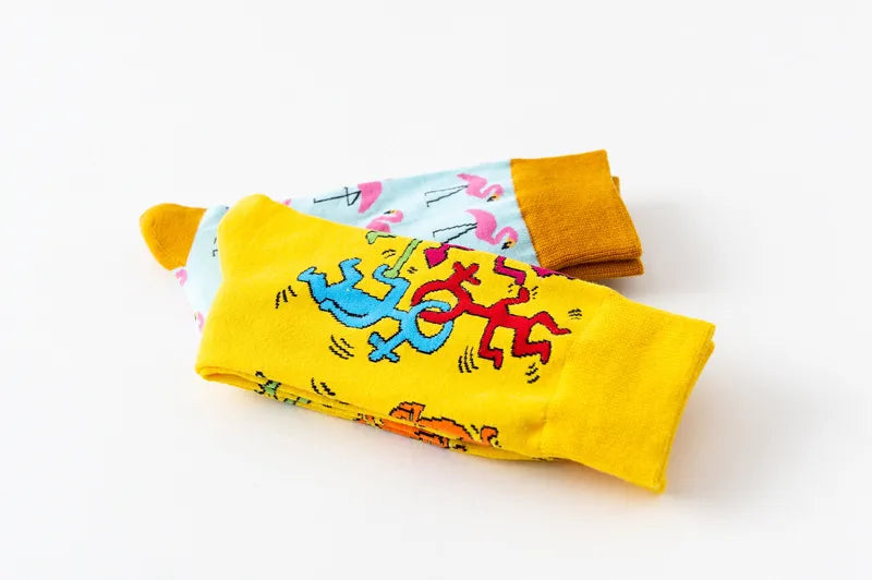 1Pair 35-44 Men Casual Cotton Sock Harajuku Cartoon Flamingo Loving Heart Cute Funny Character Japanese Socks