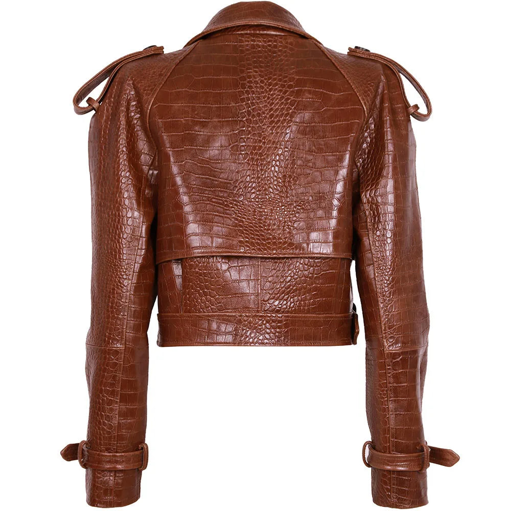 YOLOAgain Wide Shoulder Real Leather Jacket Women Oversized Genuine Leather Cropped Jacket
