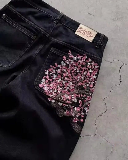 Hip-hop gold coin jeans Y2K retro low waist wide leg zipper pants y2k clothing men's fashion embroidered loose jeans