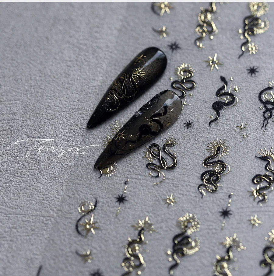 5D Gold Stamped Silver Sun Stars Snake Nail Art Stickers Totems Reliefs Self Adhesive Dark Chinese Style Manicure Decals