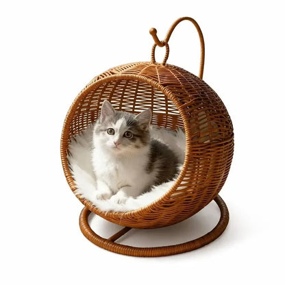 Handwoven Elevated Cat Bed with Soft Cushion & Egg Chair Shape Basket Bed Kitty House with Stand Raised Wicker House for Cats