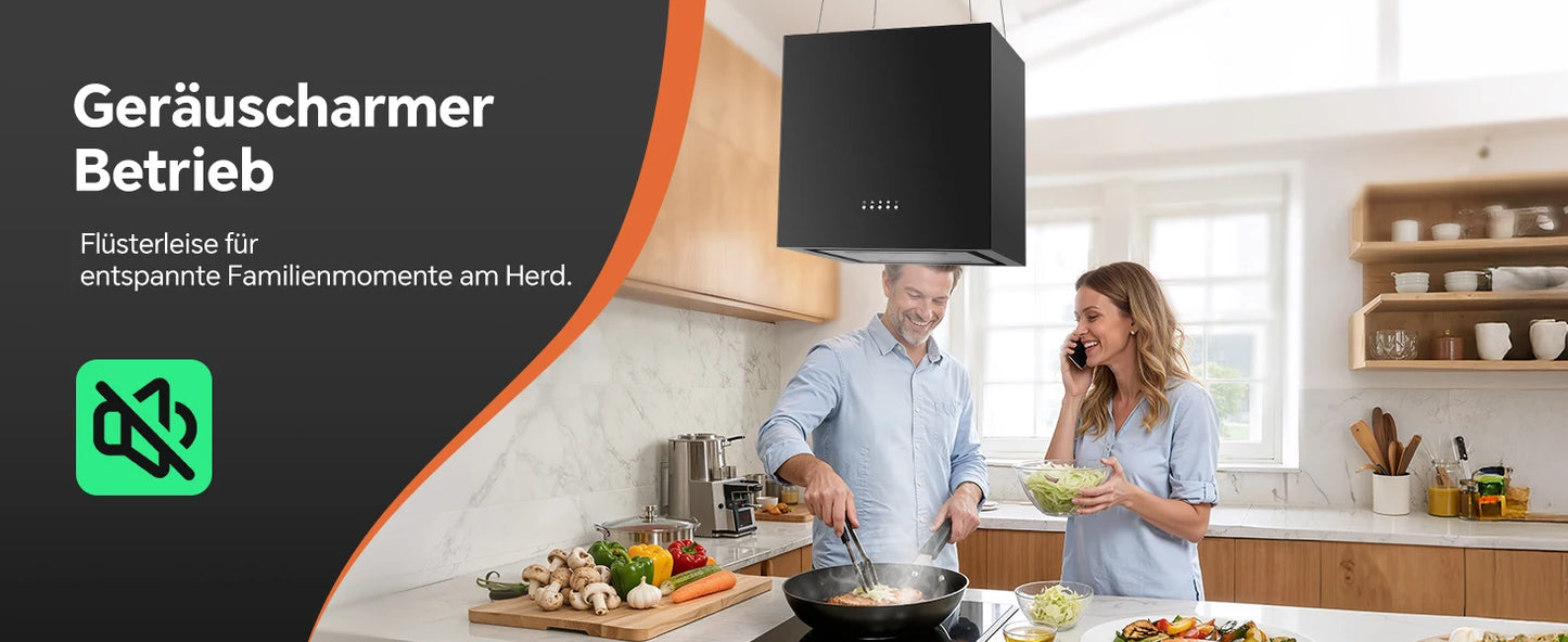 Island Hood 700/800m³/h, A+ Energy, 5-Layer Filter, LED, Ductless, Black, CE, Push Button