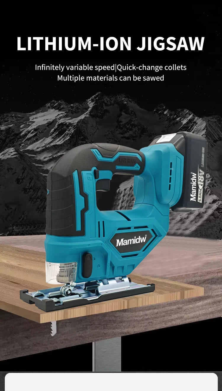 Mamidw Cordless Jigsaw Electric Curve Saw 3000RPM No-Load Speed, 20mm Stroke Length, 45° Tilting Function, Ergonomic Handle, Powered Precision Saw for Wood, Metal, Plastic Cutting, DIY & Professional Use (Tool Only) Compatib