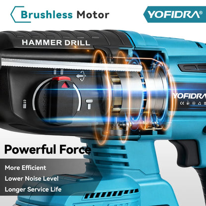 YOFIDRA 26MM Brushless Electric Hammer Drill Multifunctional Rotary Cordless Rechargeable Power Tools For Makita Battery Pin