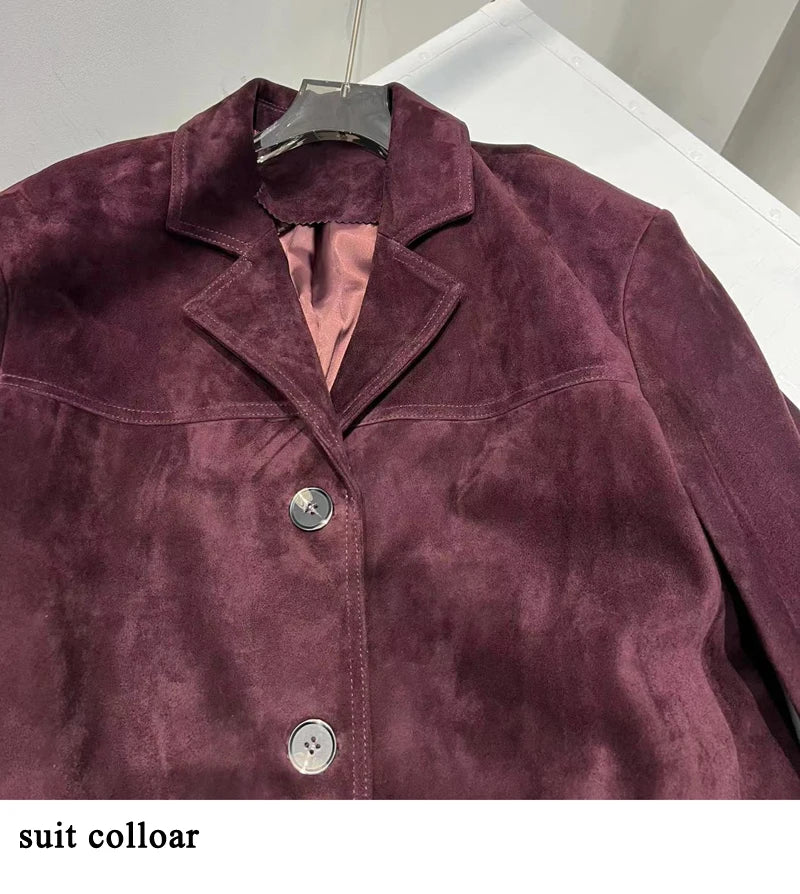 French High-end Western-style Leather Jacket for Women 2026 New Color Purple Red Oversized Casual Kid Suede Suit Blazer Outwears