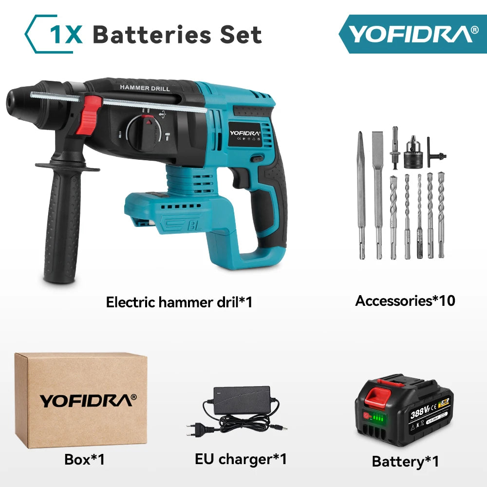 YOFIDRA 26MM Brushless Electric Hammer Drill Multifunctional Rotary Cordless Rechargeable Power Tools For Makita 18V Battery Pin