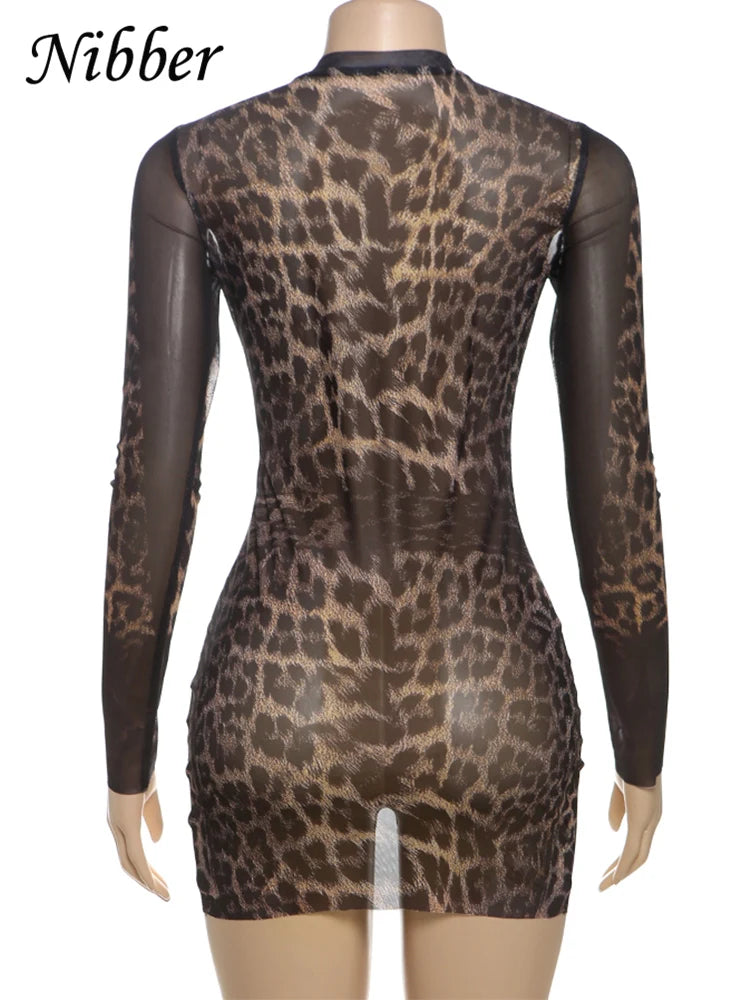 Nibber See Through Dress Women Sexy Coquette Leopard Print Full Sleeve o-Neck Stretch Wild Mini Bodycon Midnight Party Clubwear