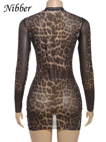 Nibber See Through Dress Women Sexy Coquette Leopard Print Full Sleeve o-Neck Stretch Wild Mini Bodycon Midnight Party Clubwear