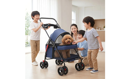 Pet Stroller with Storage Basket 4-Wheel Foldable Pet Stroller Collapsible Breathable for Small Dogs, Outdoor Walks, Travel