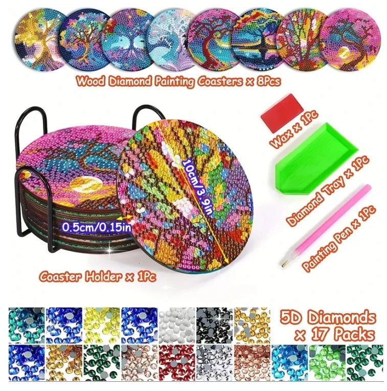 8pcs/Set DIY Diamond Painting Coasters with Holder Anti Slip Wood Drip Mats Crystal Rhinestones Diamond Art Coasters for Adults