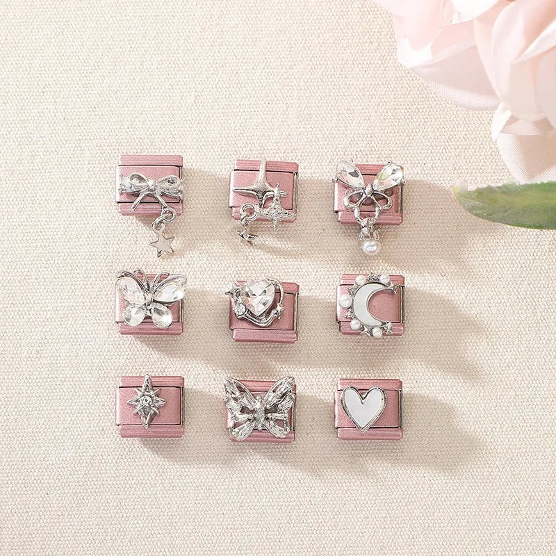 Pink Color Y2K Butterfly Star Bow Rabbit Heart Pendant Italian Charm Links Fit 9mm Stainless Steel Bracelet DIY Making Gifts