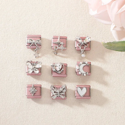 Pink Color Y2K Butterfly Star Bow Rabbit Heart Pendant Italian Charm Links Fit 9mm Stainless Steel Bracelet DIY Making Gifts