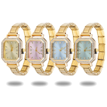 Fashion High Quality Men Women's Stainless Steel Square Round Shiny Zircon Watch Bracelet For Friend Birthday DIY Jewelry Gift