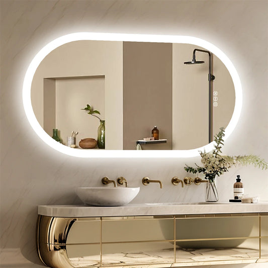Oval LED Bathroom Mirror Smart Mirrors Dimmable 3 Colors Anti-Fog Light Memory IP65 CRI95 Large Wall Mounted Mirror 800x500mm