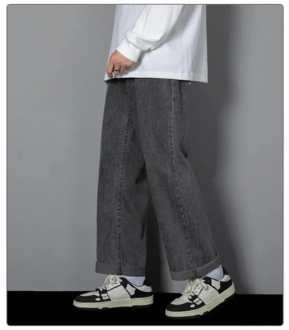 Korean Solid Colors Men's Casual Long Jeans Classic Man Four Seasons Straight Denim Wide-leg Pants Light Blue Grey Black 3XL