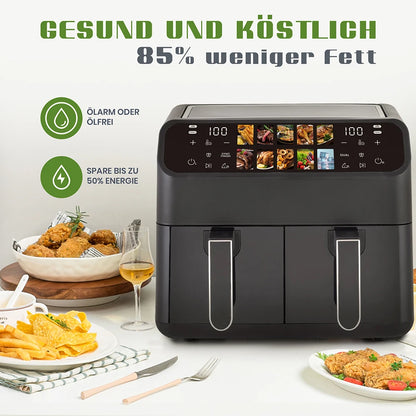 Hot Air Fryer 9L Dual Basket Electric Oilless Cooker Oven with Touch Control,10-In-1 Multifunction,Visible Window,Family Size