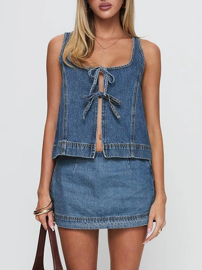 Women's Tie Front Denim Jean Vest Top and Mini Skirt 2-Piece Set Summer Trendy Going Out Outfits Clothes Summer Chic Streetwear