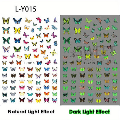 3pcs Luminous Butterfly Nail Decal Stickers Colorful Blue Butterfly Series Design Glow In The Dark Night Polish Sliders Manicure