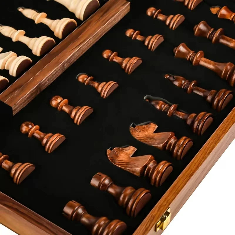 15" x 15" High-end Folding Chess Set Top Grade Classic Handwork Solid Wood Pieces Walnut Chessboard Children Gift Board Game