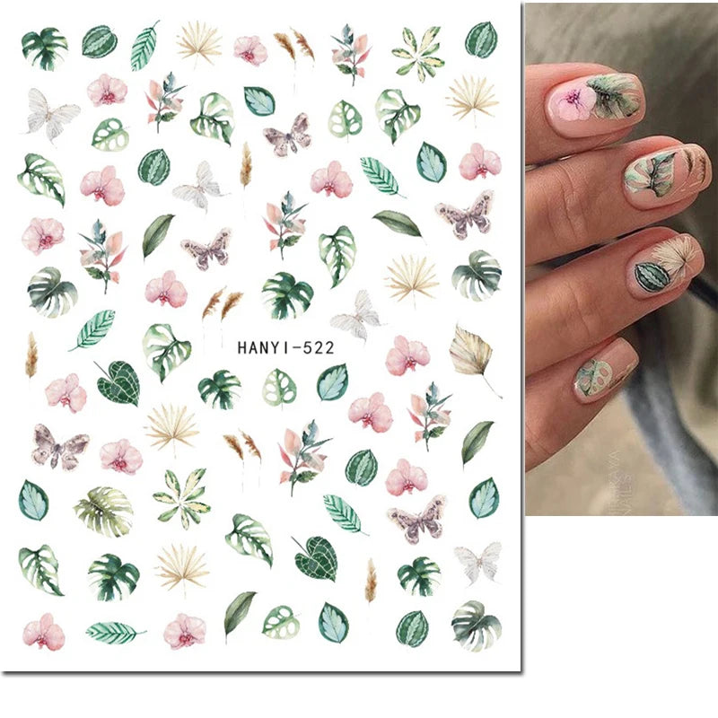 3d Nail Art Decals Watercolor Florals Purple Green Pink Flowers Leafs Fruit Adhesive Sliders Nail Stickers For Manicure