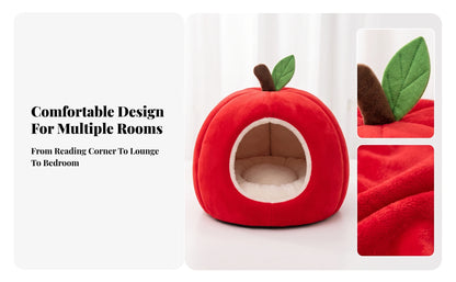 Apple-Shaped Pet Bed Cozy Enclosed Pet Bed with Removable Cushion Hideaway Cat House Warm Cat House with Cushion Soft for Cats
