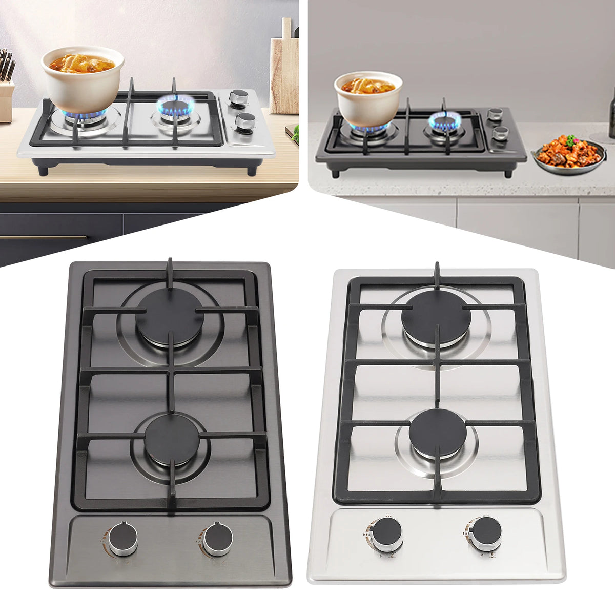 2-Burner Stainless Steel Gas Hob 3KW+1.75KW Portable Gas Stove Countertop/Flush Mounted 51*31*10cm