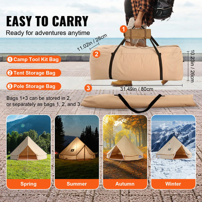 SucceBuy Canvas Bell Tent 4 Seasons 9.8ft Yurt Tent Canvas Tent for Camping with Stove Jack Breathable Tent Holds up to 4 People