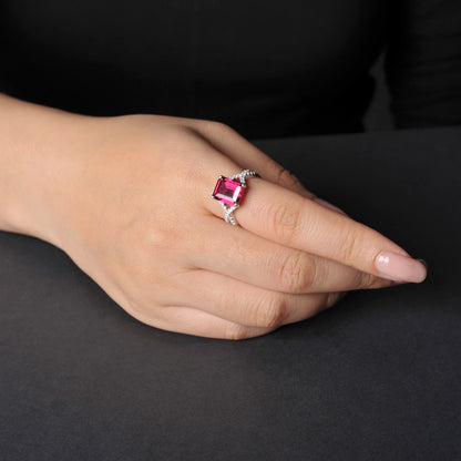 Potiy 4.16ct Created Red Ruby 925 Sterling Silver Wedding Engagement Promise Ring for Women Fashion Party Jewelry Gift