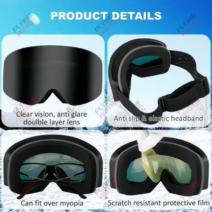 Professional Ski Goggles Adult Frameless Snow Goggles 100% UV400 Anti-Fog Magnetic Replaceable Lenses Snowboard Goggles