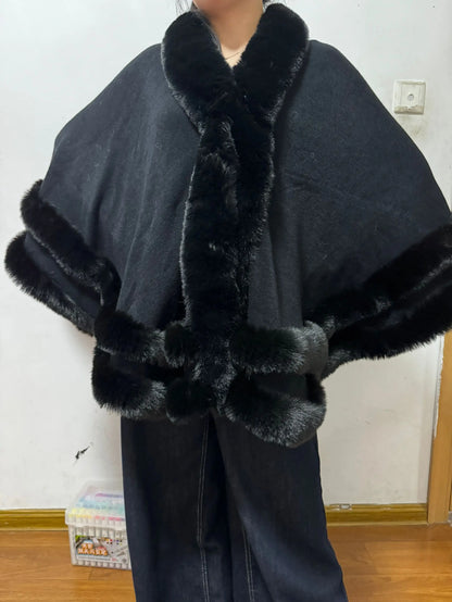 2024 Women 2 Circle Wraps Long Faux Rabbit Fur Cape Poncho Winter Loose Thick Warm Shawl Outerwear Knitted Cloak Overcoat