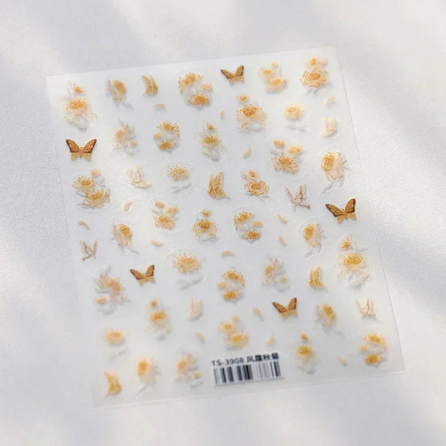 Shiny Jelly Butterfly Charming Golden Gradient Bowknot 5D Self Adhesive Nail Art Sticker Flower Petal Rhinestone Manicure Decals