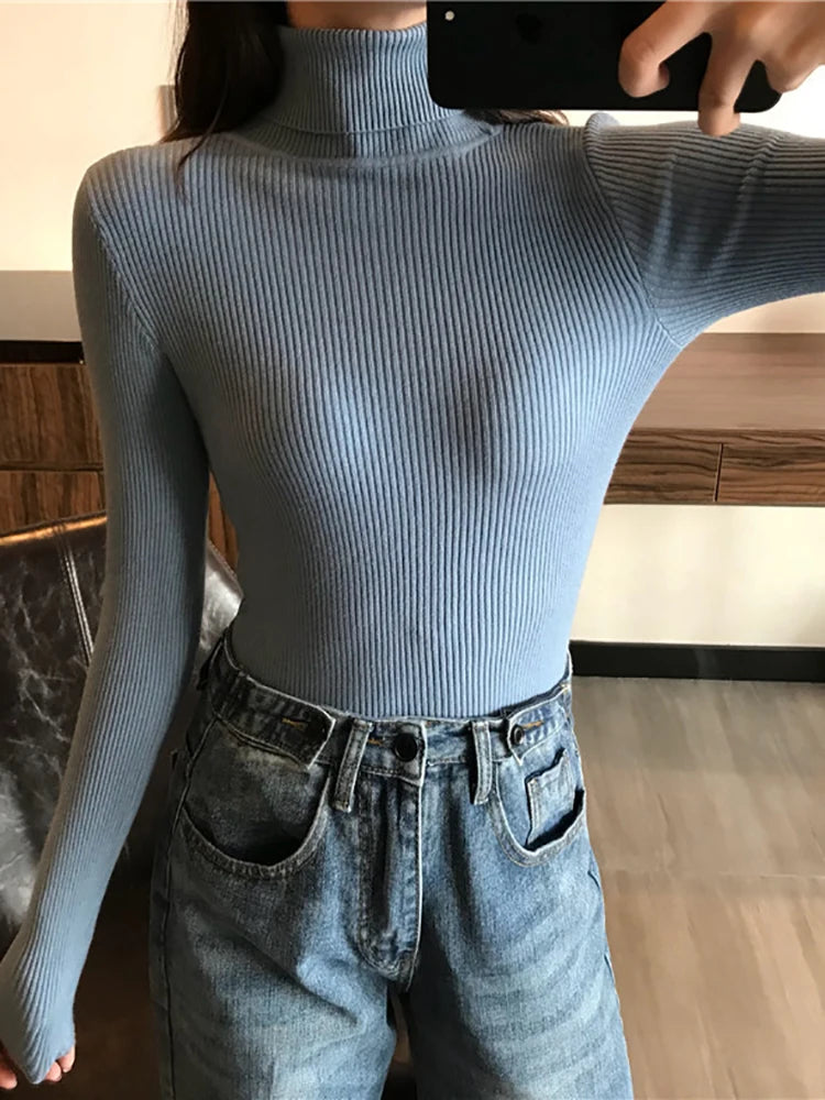 2026 Autumn Winter Sweater Women Knitted Ribbed Pullover Sweater Long Sleeve Turtleneck Slim Jumper Soft Warm Pull Femme