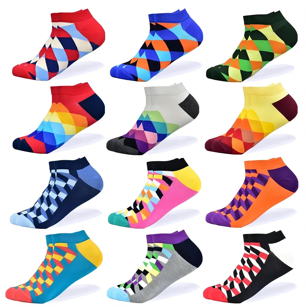 6 Pairs Men Novelty Fashion Colorful Casual Ankle Short Socks Harajuku Grid Space Cotton Happy Funny  Men Women Socks
