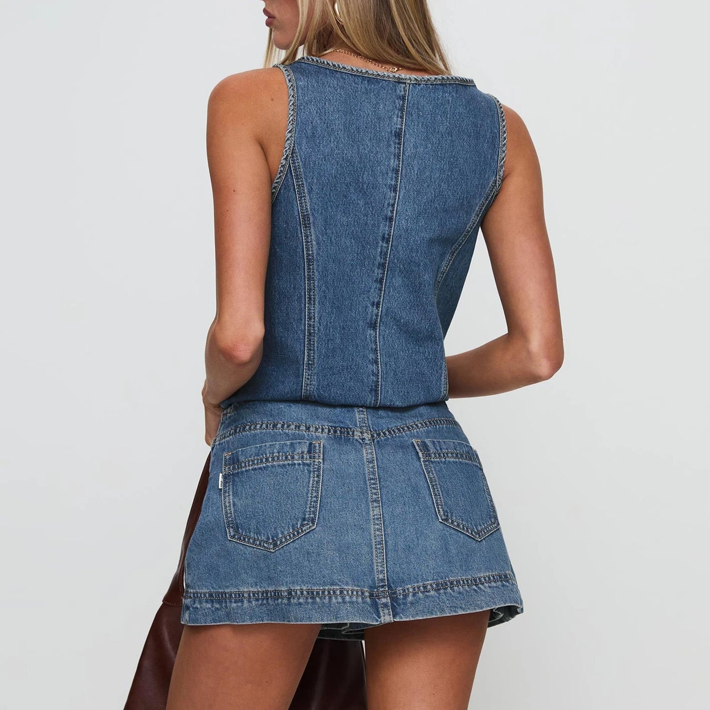Women's Tie Front Denim Jean Vest Top and Mini Skirt 2-Piece Set Summer Trendy Going Out Outfits Clothes Summer Chic Streetwear