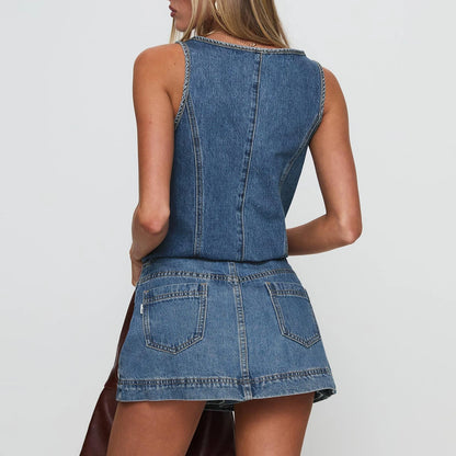 Women's Tie Front Denim Jean Vest Top and Mini Skirt 2-Piece Set Summer Trendy Going Out Outfits Clothes Summer Chic Streetwear