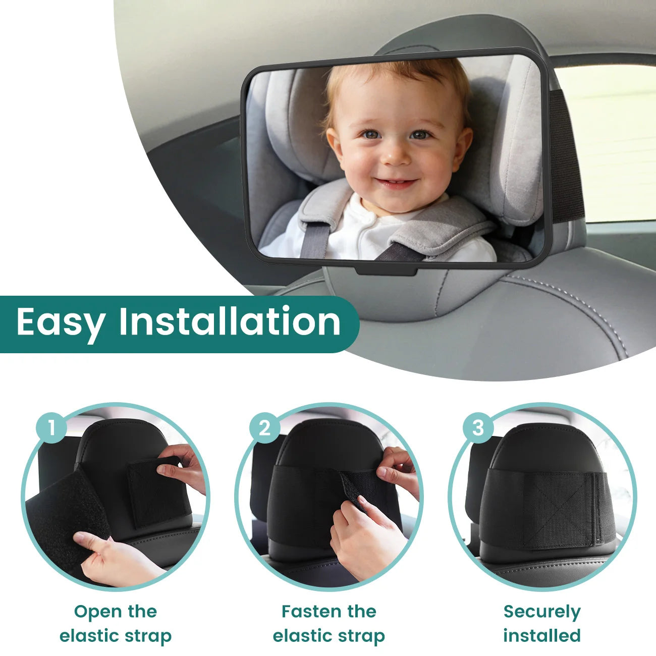 Baby Car Mirror, Shatterproof Rearview Safety Monitor for Infant, Universal Fit for Car Headrests with Non-Slip Strap