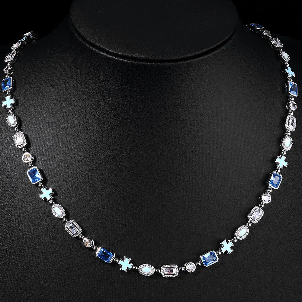 ESKEEM 6mm Geometric Blue Gemstone Necklace Oil Drip Cross Pendant Iced Out CZ Stones Opal Chain Hip Hop Jewelry Men Women Gift