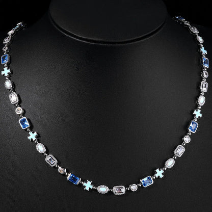 ESKEEM 6mm Geometric Blue Gemstone Necklace Oil Drip Cross Pendant Iced Out CZ Stones Opal Chain Hip Hop Jewelry Men Women Gift