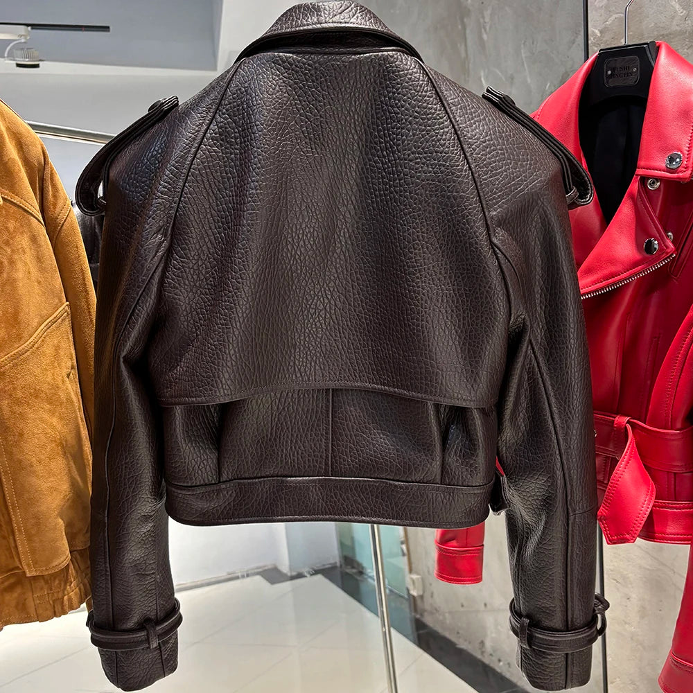YOLOAgain Wide Shoulder Real Leather Jacket Women Oversized Genuine Leather Cropped Jacket