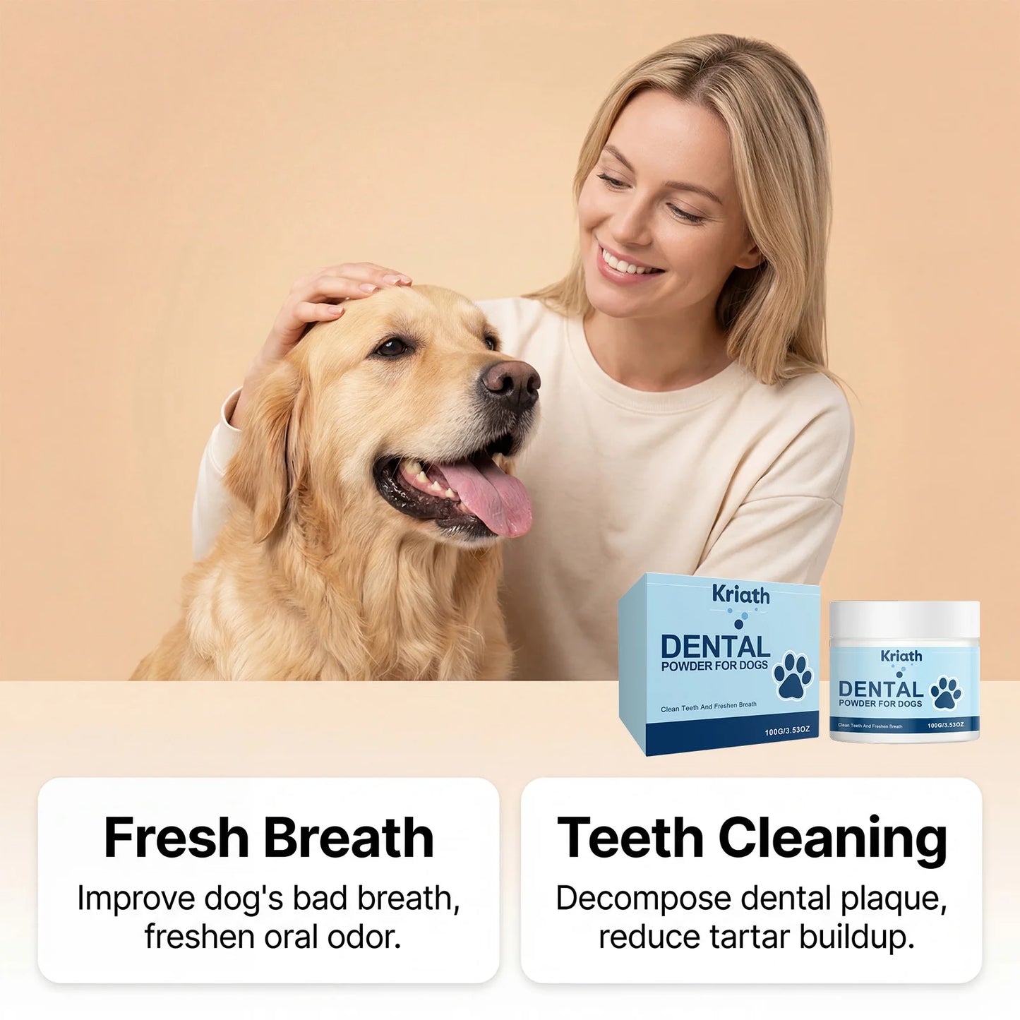 Natural Pet Oral Care Powder for Dog Teeth Cleaning to Freshen Breath and Soothe Gums with Probiotics for Gut Health Pet Clean
