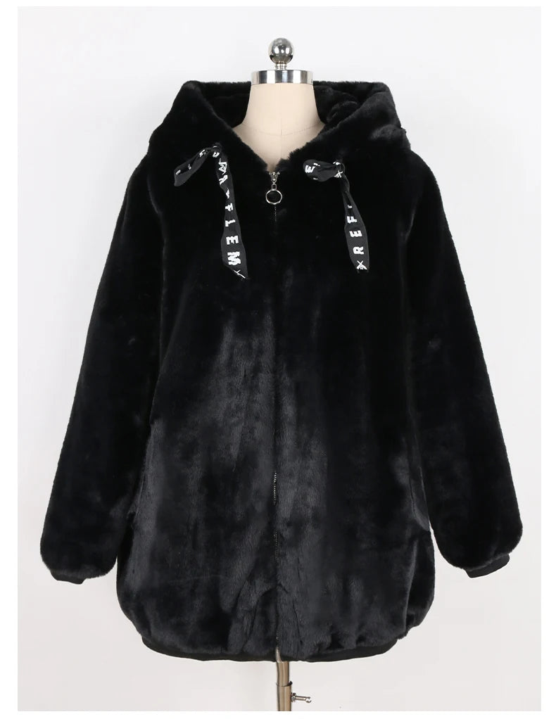 Nerazzurri Autumn Winter Sweet Cute Kawaii Soft Thick Warm Faux Fur Coat Women with Bunny Ears Cute Fluffy Jacket Hoodie 2024