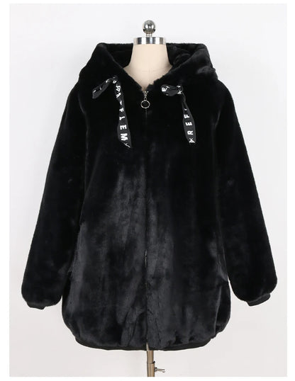 Nerazzurri Autumn Winter Sweet Cute Kawaii Soft Thick Warm Faux Fur Coat Women with Bunny Ears Cute Fluffy Jacket Hoodie 2024