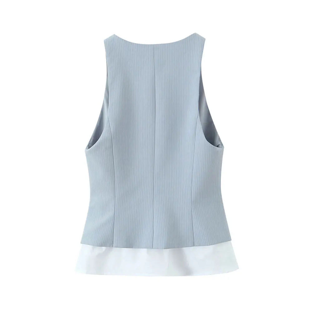 Women's Fashion Striped Patchwork Vest Sleeveless V-Neck Waistcoat Chic Outerwear Front Button Chic Vest Tops