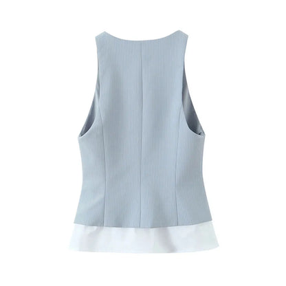 Women's Fashion Striped Patchwork Vest Sleeveless V-Neck Waistcoat Chic Outerwear Front Button Chic Vest Tops