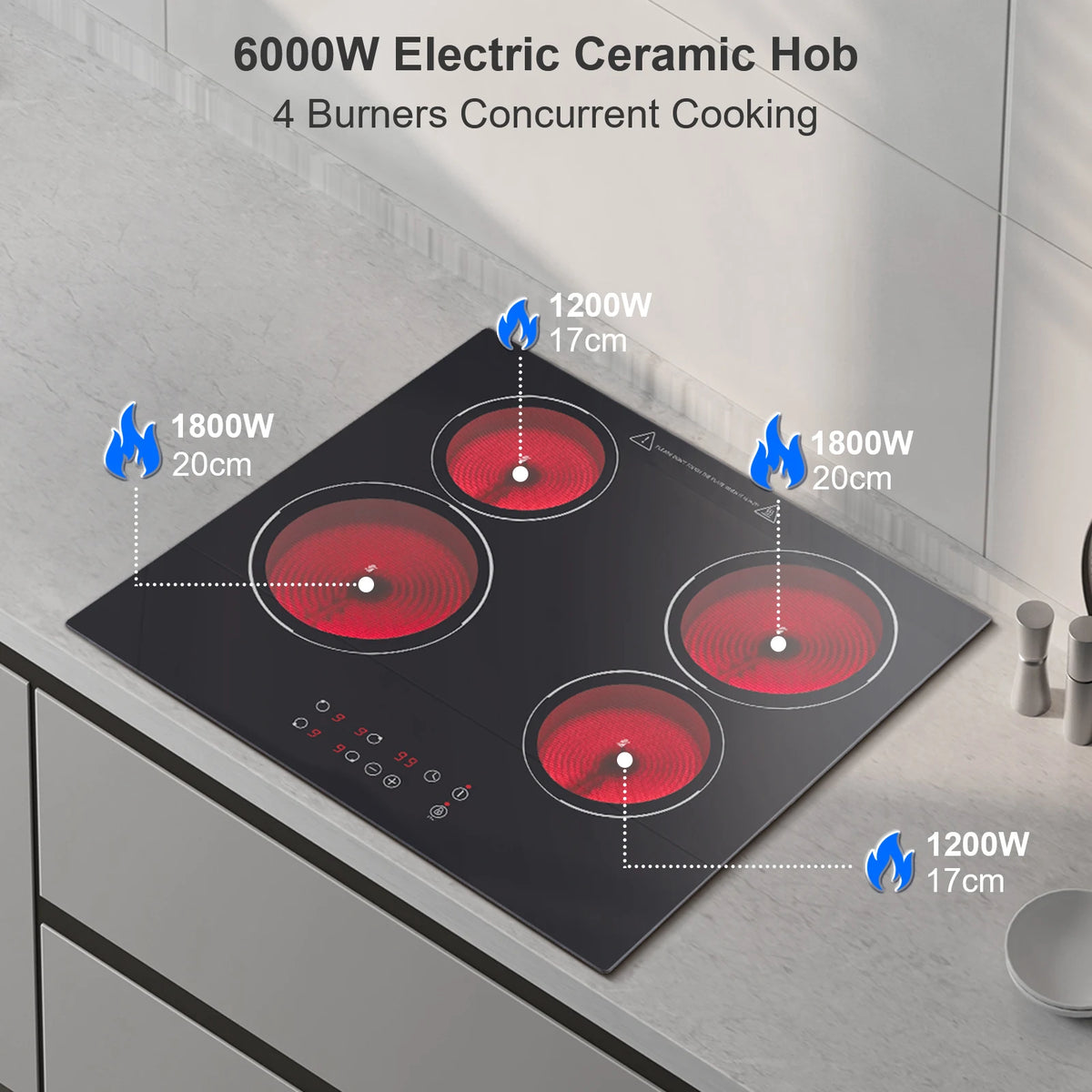 KICHPOWER 60 cm glass 4 plates Touch control, 9 power levels ceramic hob