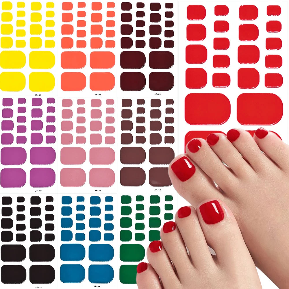 1Sheet=22Tips Glossy Red Toe Nail Stickers Full Cover Solid Color Press On Toenails Patch UV Baking Free Foot Gel Polish Wraps #